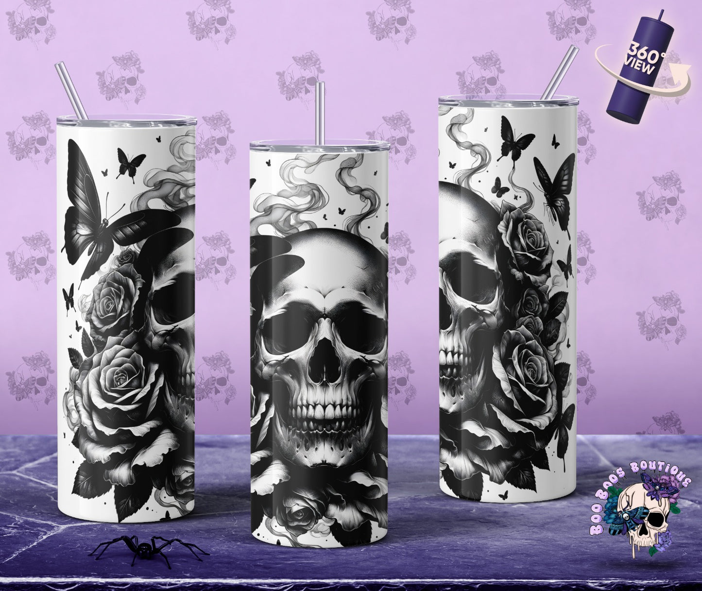 Skulls & butterfly black with white background 20oz Tumblr MTO