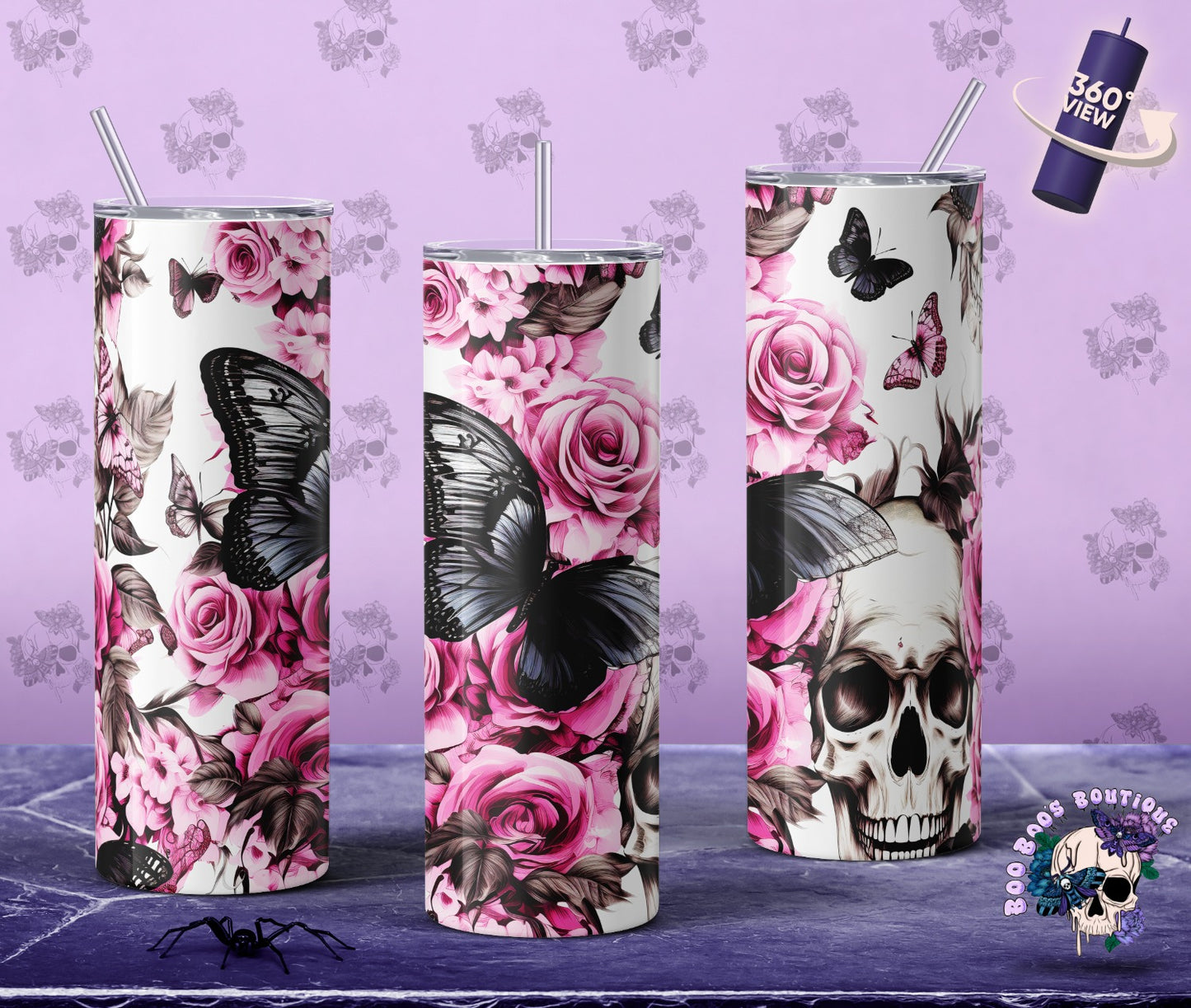 Pink flowers and skulls with butterfly 20oz Tumblr MTO