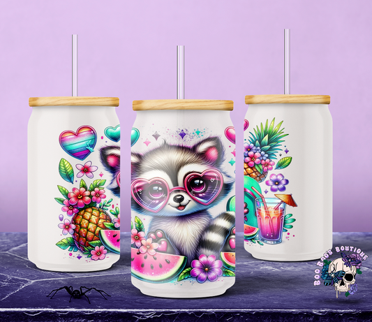 16oz Frosted Glass Cup Summertime Raccoon