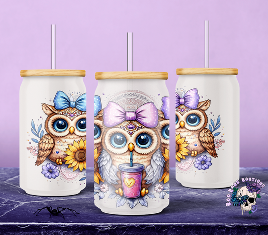 16oz Frosted Glass Cup 3 Owls drinking