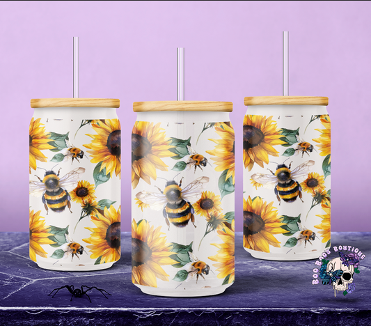 16oz Frosted Glass Cup Bees & sunflowers