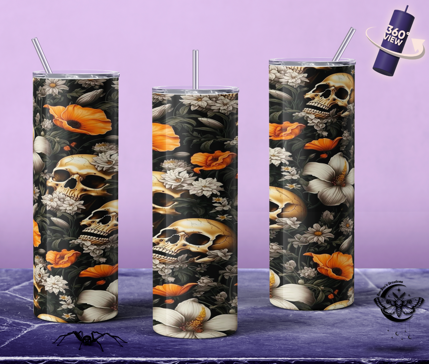 Skulls & Orange flowers 20oz Insulated Tumbler ( 7 to 10 business days Made to order)