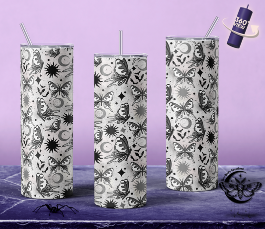 Butterfly & Bats greyscale Double insulated tumbler (made to order)